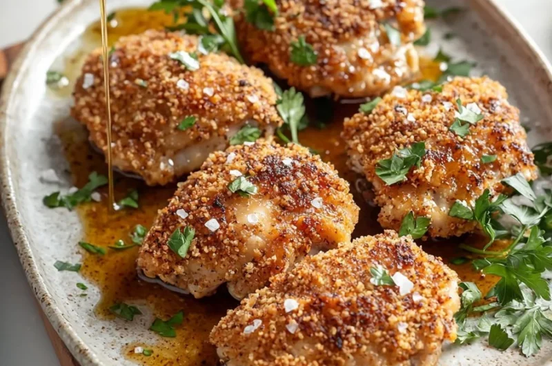 Crispy boneless panko breaded chicken thighs served on a plate