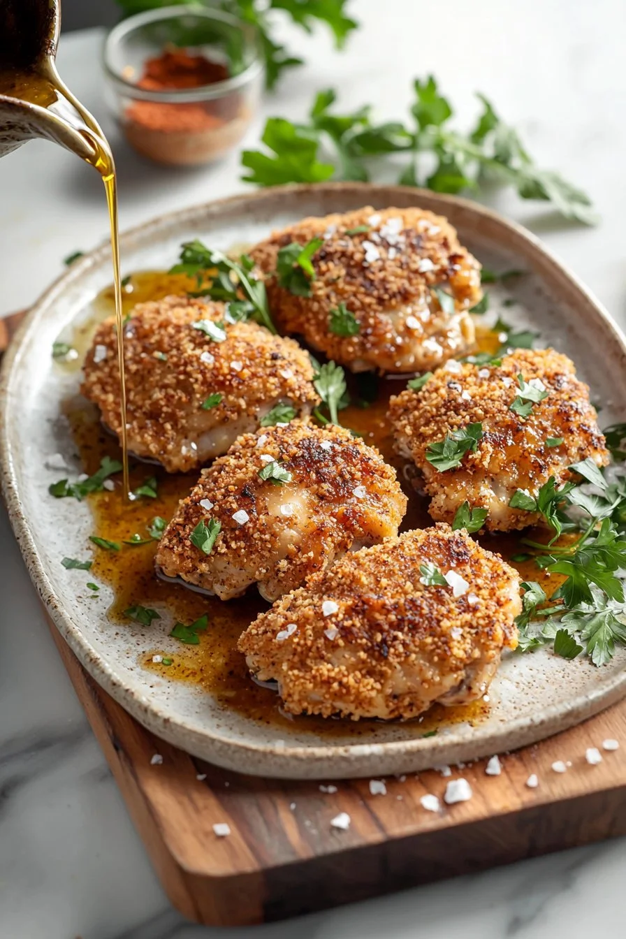 Crispy boneless panko breaded chicken thighs served on a plate