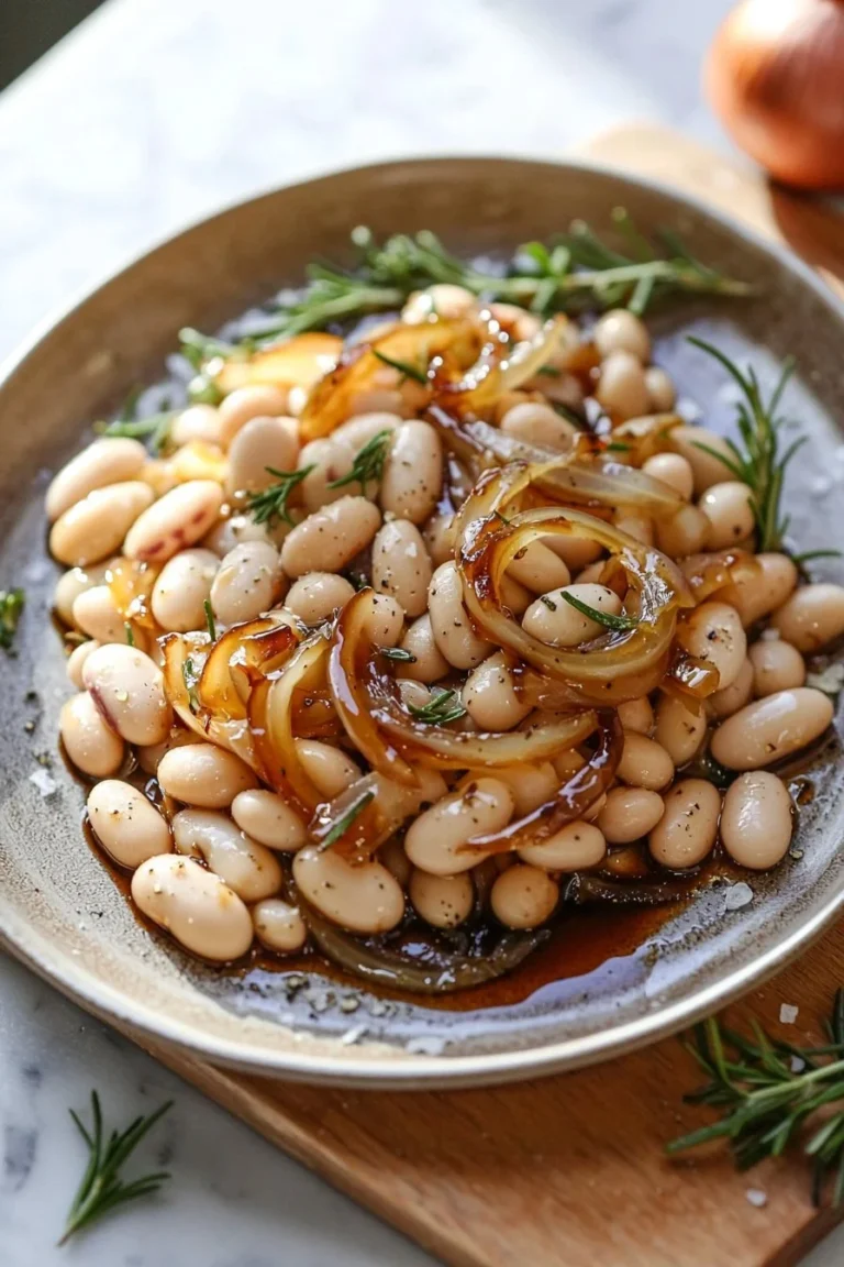 Bowl of caramelized onion white beans topped with rosemary and drizzled with balsamic