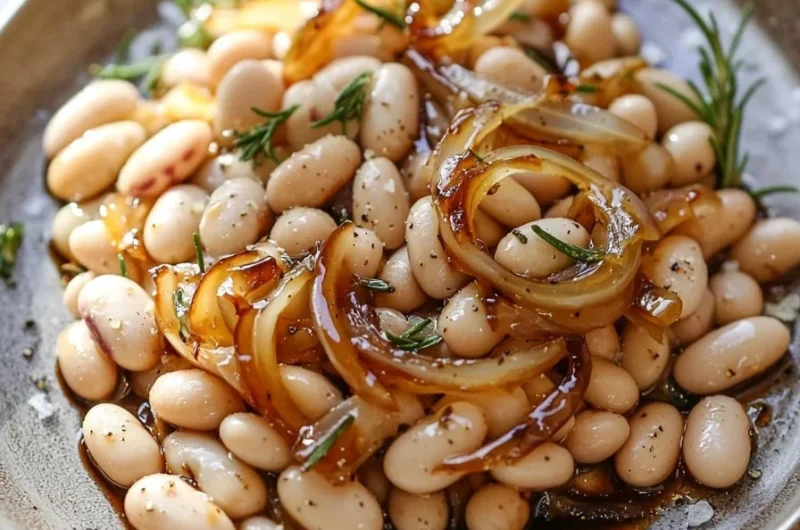 Bowl of caramelized onion white beans topped with rosemary and drizzled with balsamic
