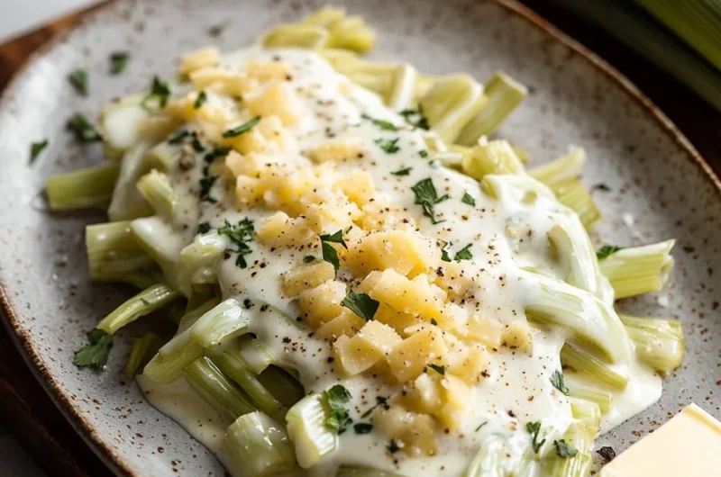 Cheesy creamed leeks served in a bowl, creamy and garnished with herbs.