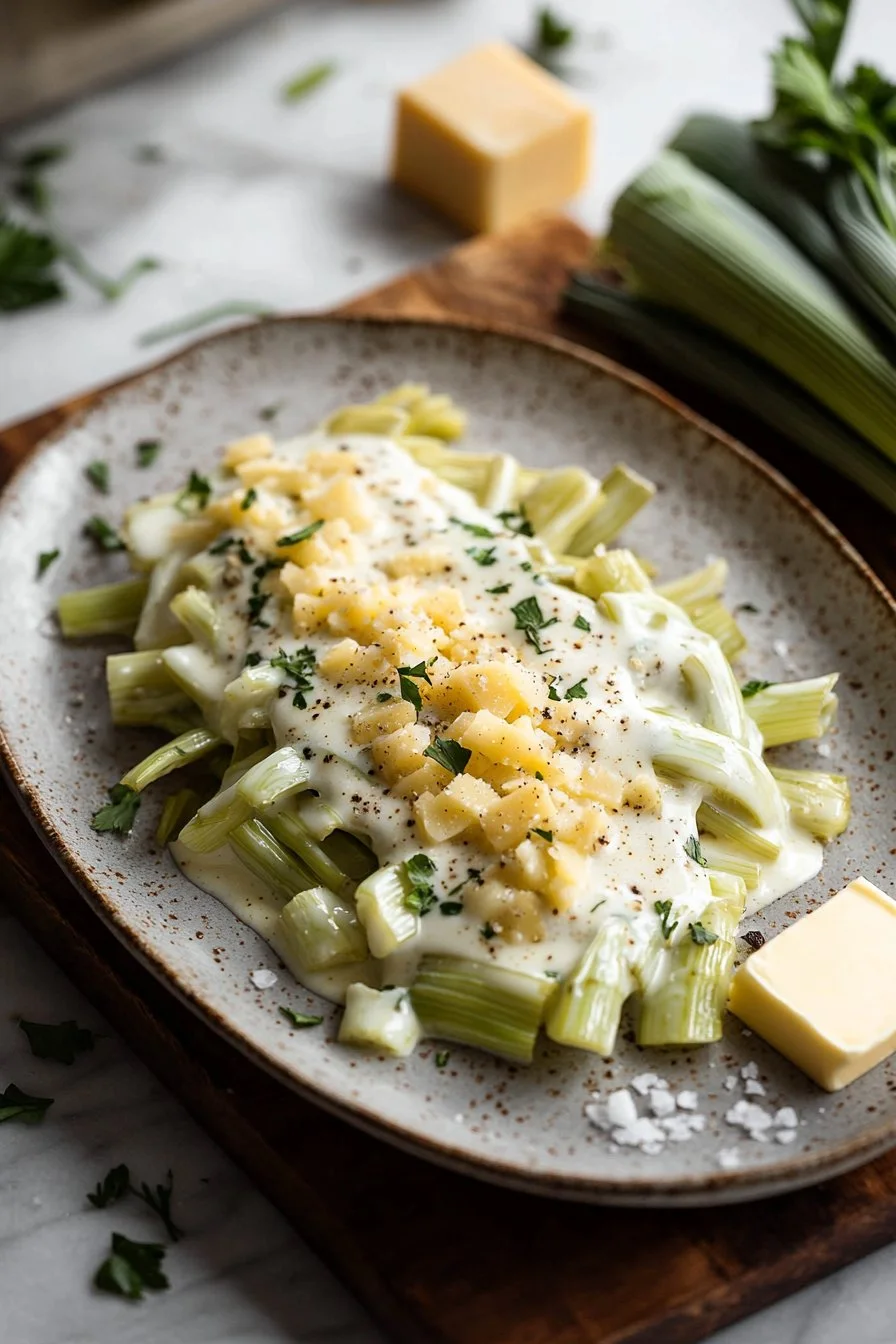 Cheesy creamed leeks served in a bowl, creamy and garnished with herbs.