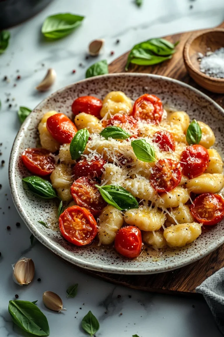 Creamy cheesy tomato gnocchi served in a bowl, garnished with fresh herbs.