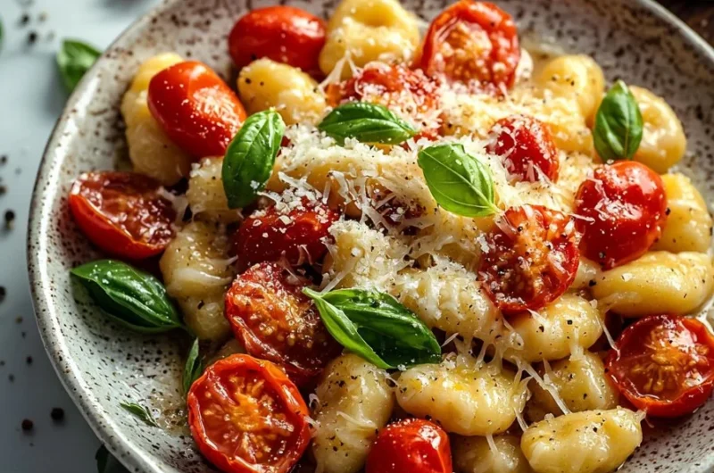 Creamy cheesy tomato gnocchi served in a bowl, garnished with fresh herbs.