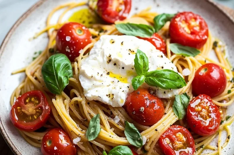 Bowl of Cherry Tomato Pasta topped with creamy Burrata cheese