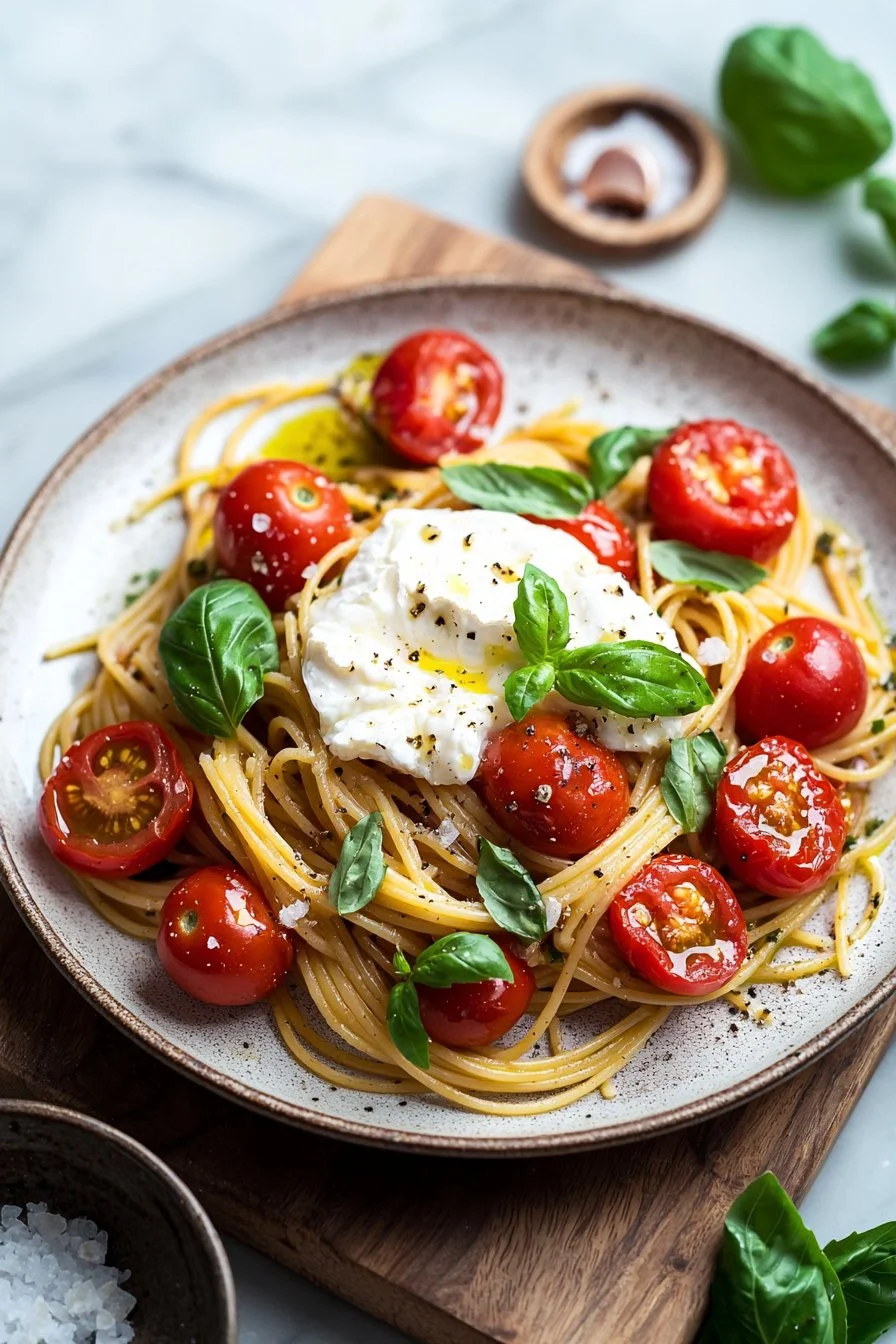 Bowl of Cherry Tomato Pasta topped with creamy Burrata cheese
