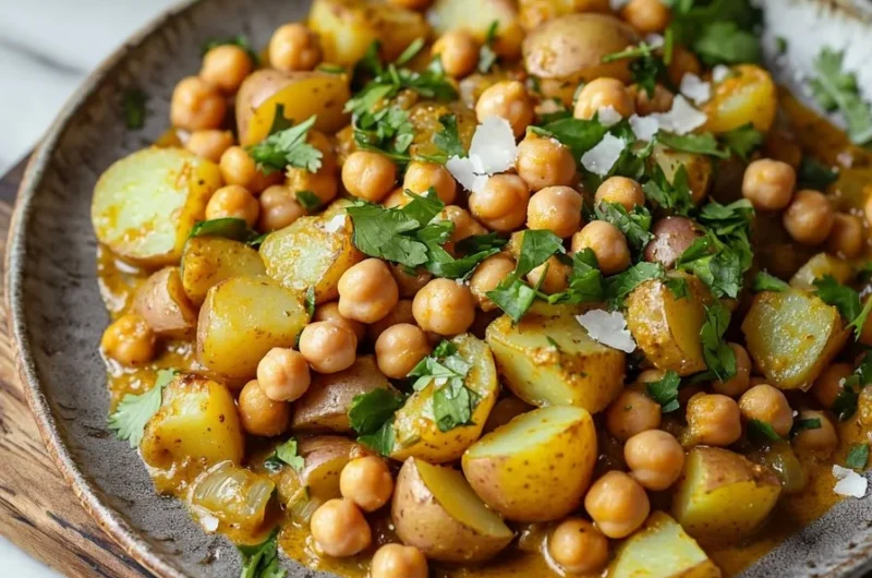 Chickpea and Potato Curry served in a bowl with garnishes