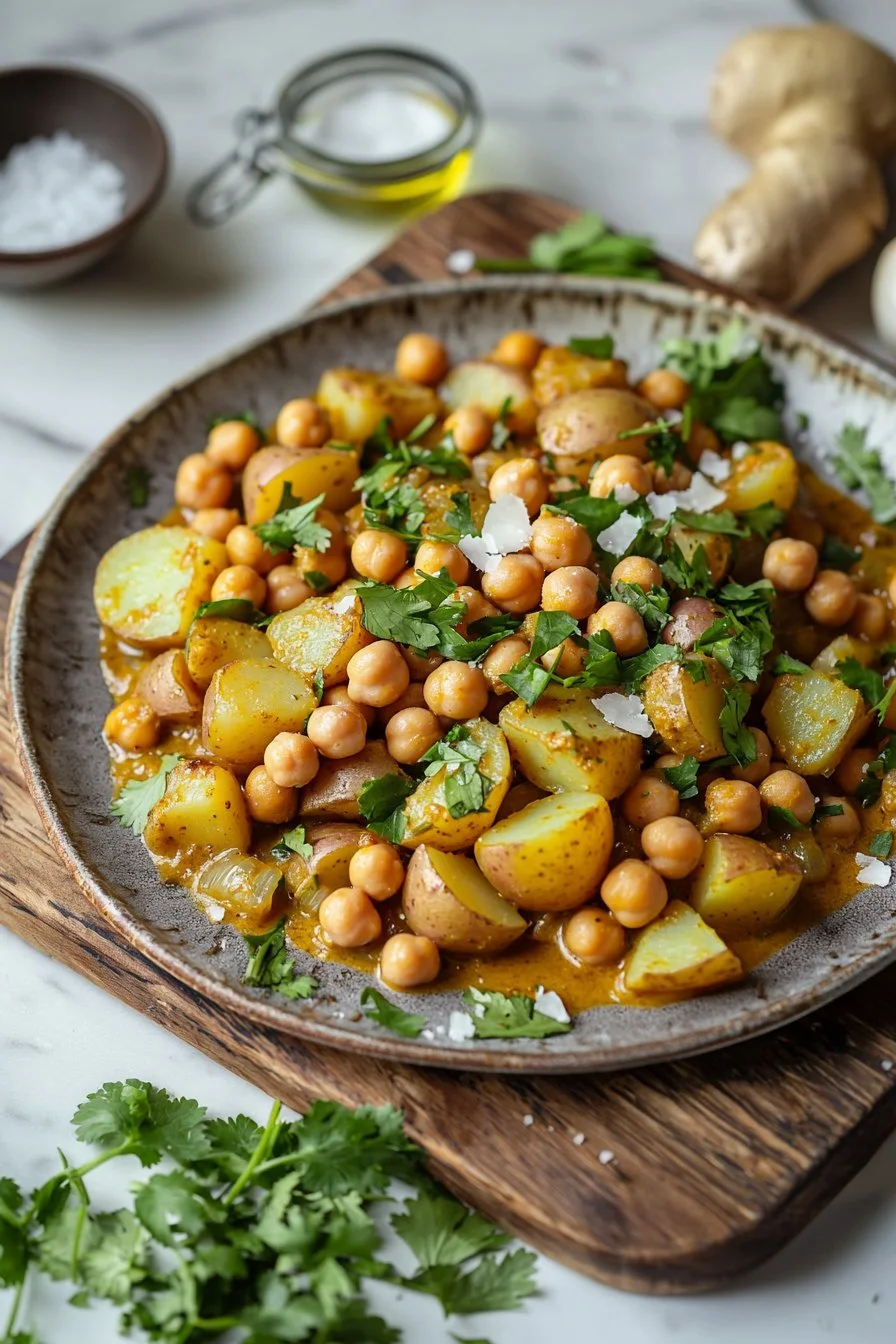 Chickpea and Potato Curry served in a bowl with garnishes