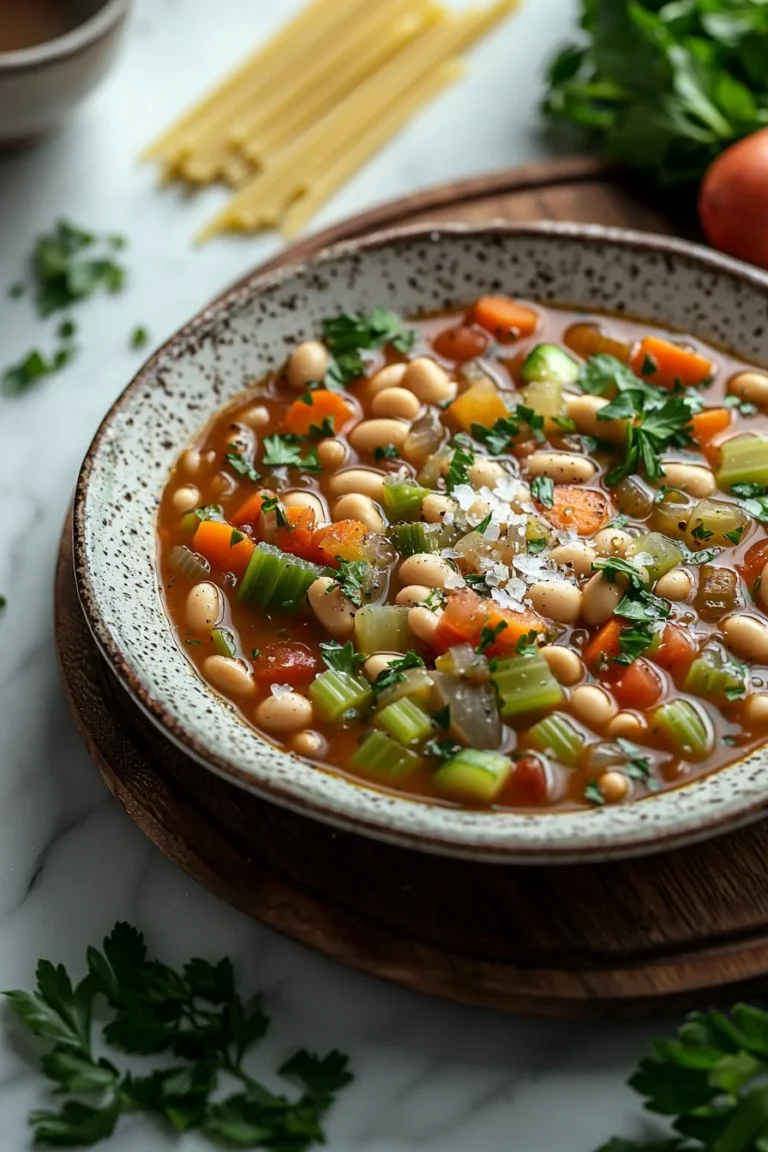 A bowl of classic minestrone soup with colorful vegetables and beans.