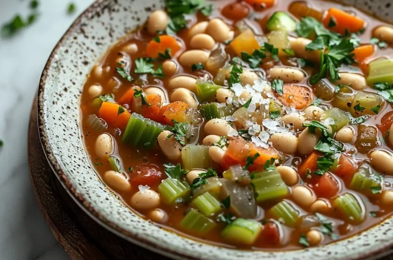 A bowl of classic minestrone soup with colorful vegetables and beans.