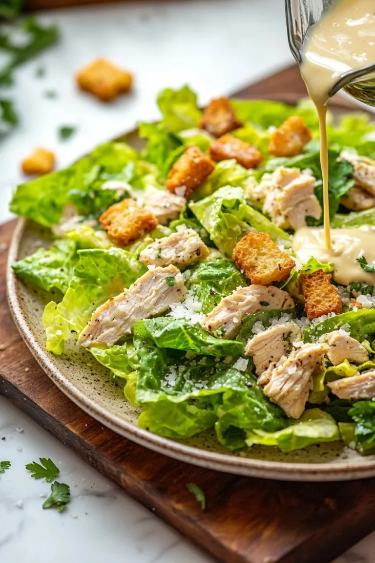 Delicious Chicken Caesar Salad with crisp romaine, grilled chicken, and creamy dressing