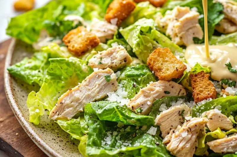 Delicious Chicken Caesar Salad with crisp romaine, grilled chicken, and creamy dressing
