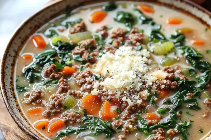 Bowl of easy Italian Wedding Soup with meatballs and greens