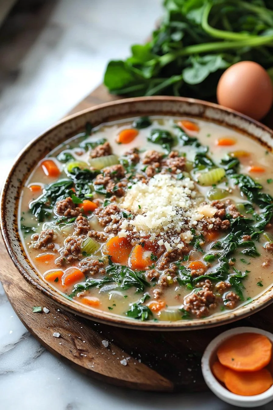 Bowl of easy Italian Wedding Soup with meatballs and greens
