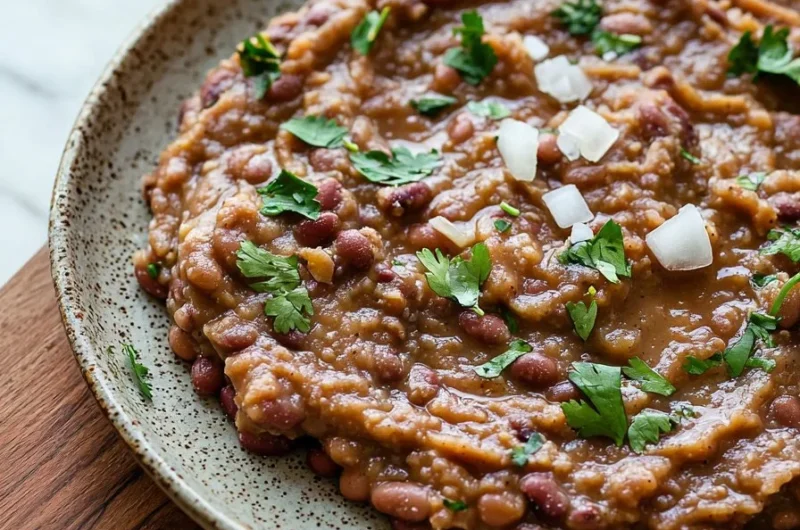 Bowl of easy homemade refried beans served with tortillas