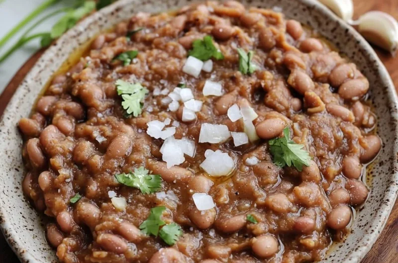 Delicious plate of easy homemade refried beans served with tortillas.