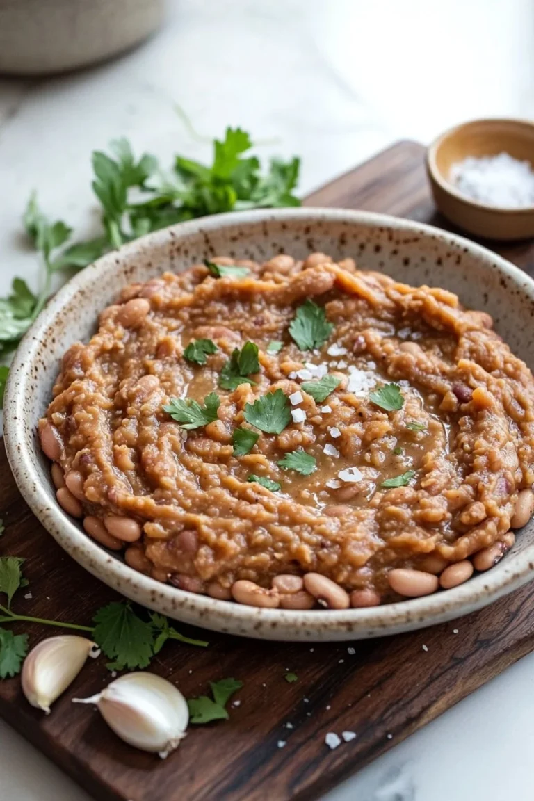 Bowl of homemade easy refried beans recipe with spices and tortillas