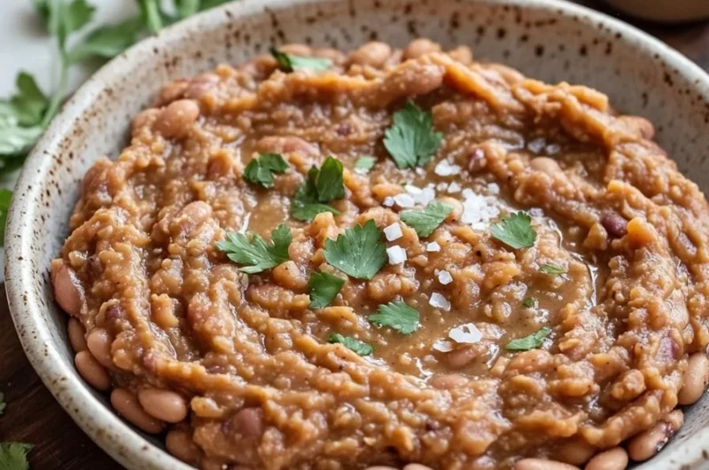 Bowl of homemade easy refried beans recipe with spices and tortillas
