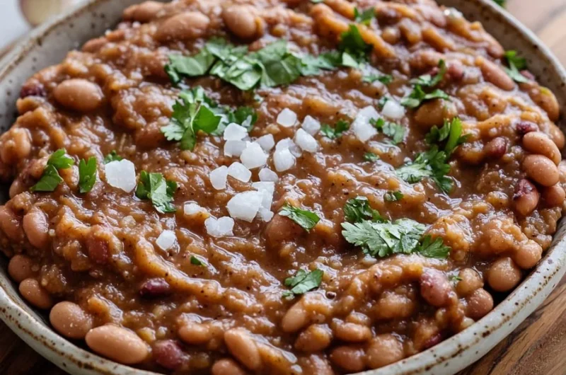 Homemade easy refried beans in a bowl with toppings.