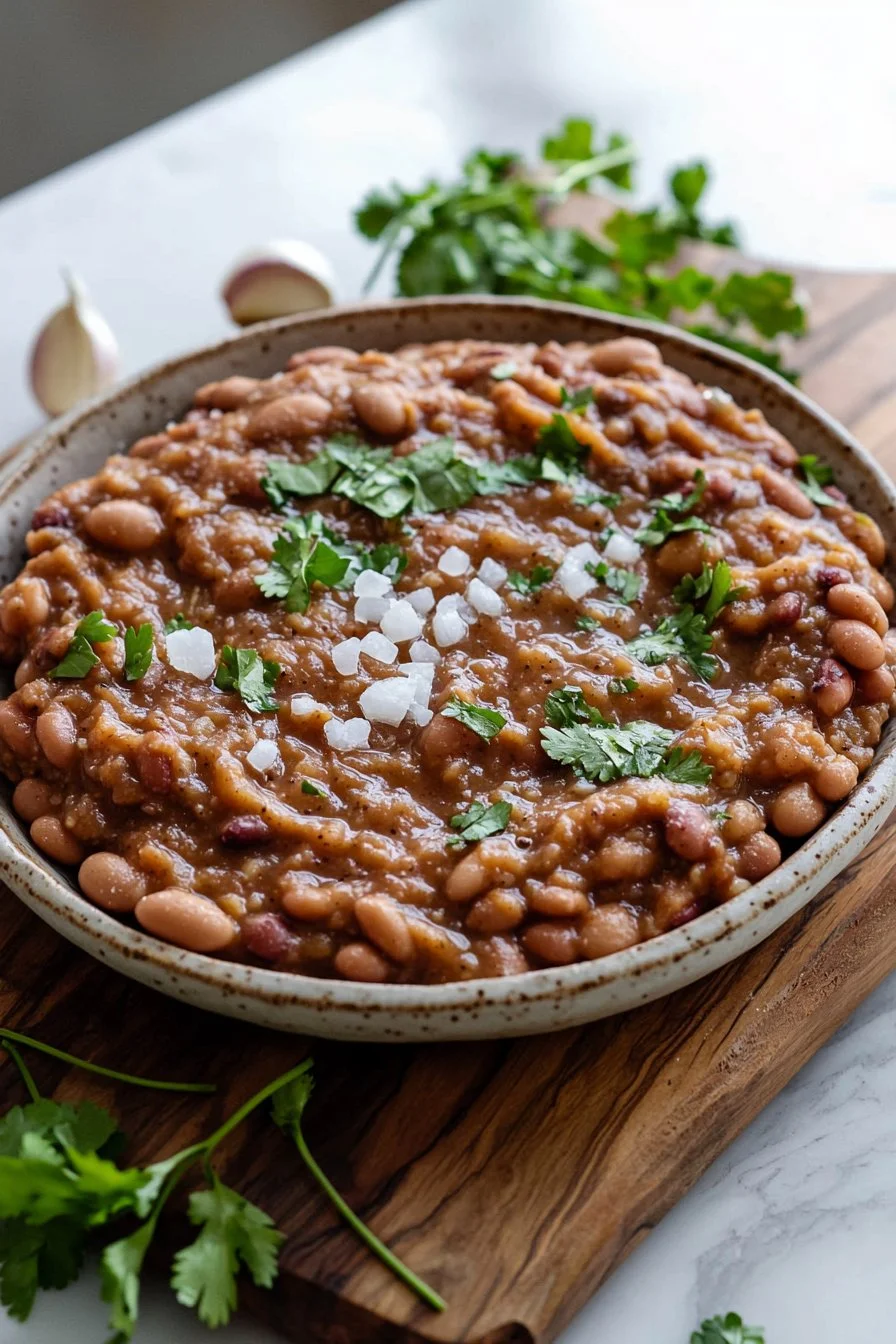 Homemade easy refried beans in a bowl with toppings.