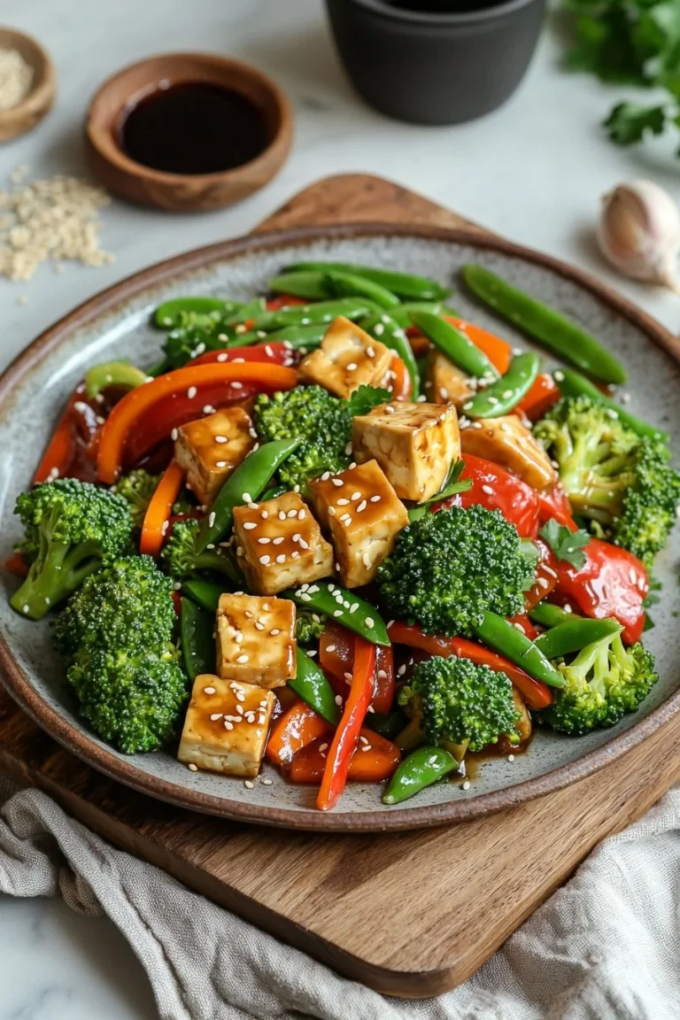 Colorful vegan teriyaki tofu stir-fry with fresh vegetables and rice