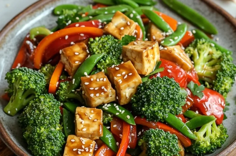 Colorful vegan teriyaki tofu stir-fry with fresh vegetables and rice