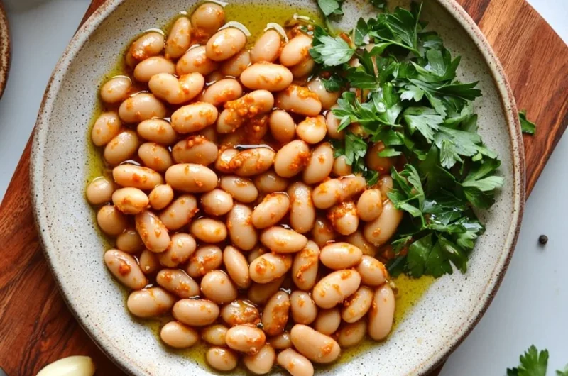 Bowl of Harissa Butter Beans garnished with herbs and spices
