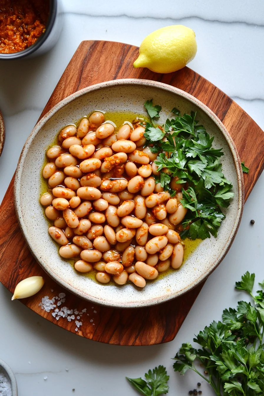 Bowl of Harissa Butter Beans garnished with herbs and spices