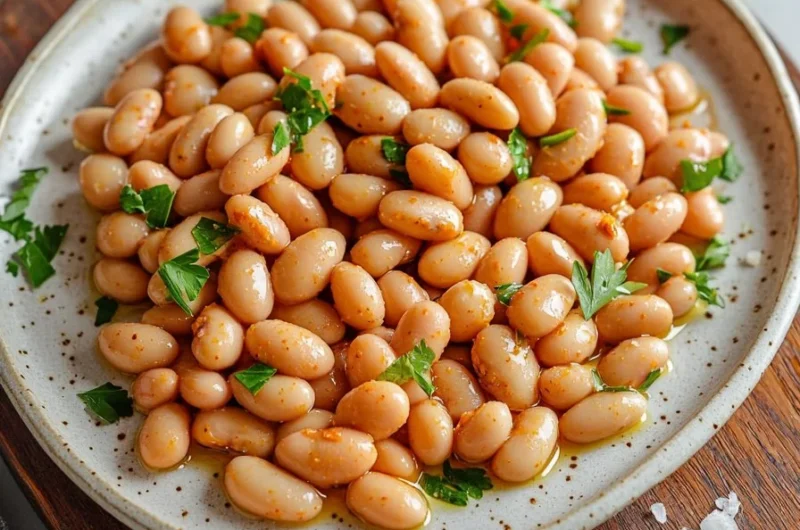 Delicious Harissa Butter Beans served in a bowl with spices and herbs.