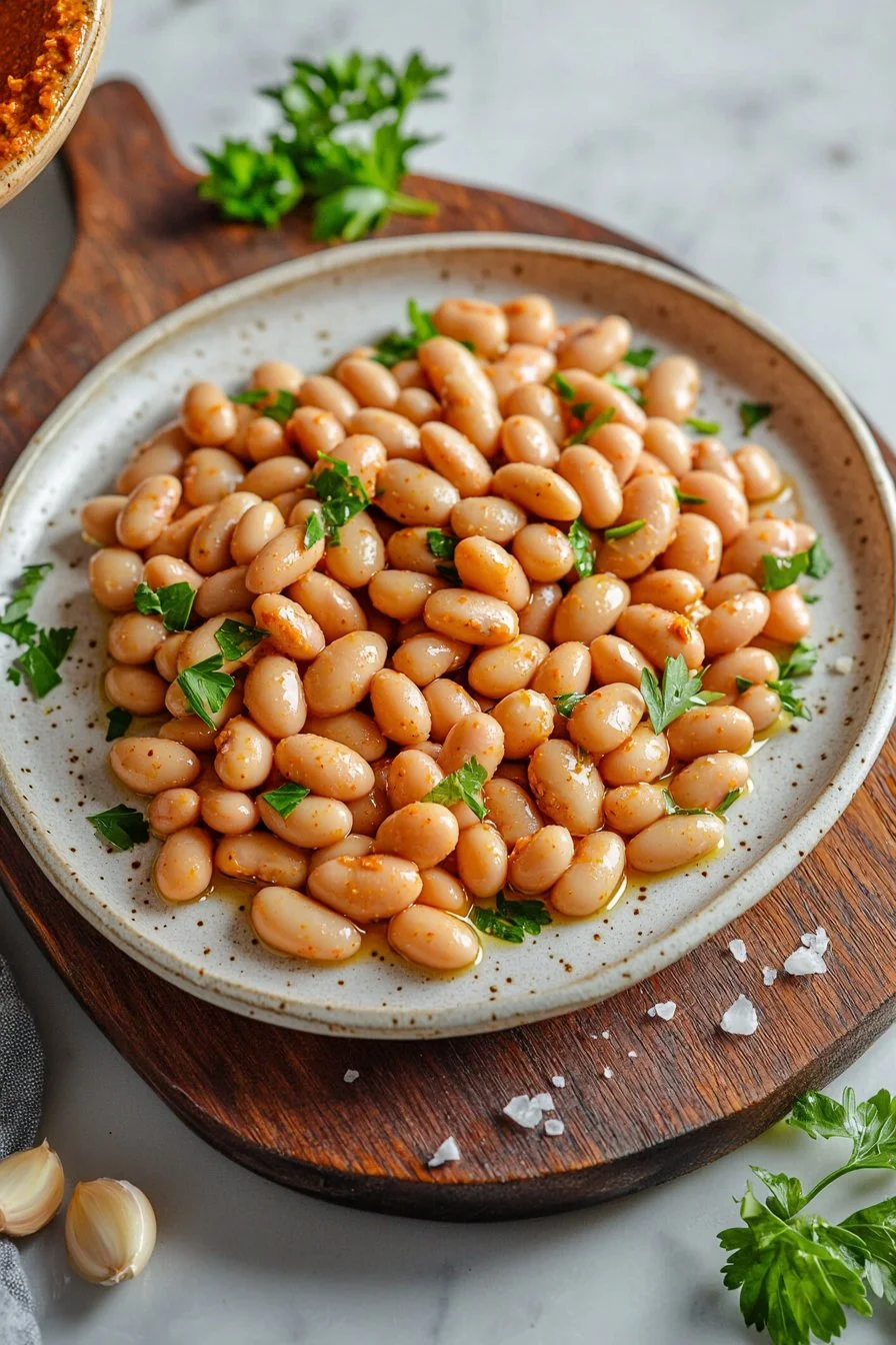 Delicious Harissa Butter Beans served in a bowl with spices and herbs.