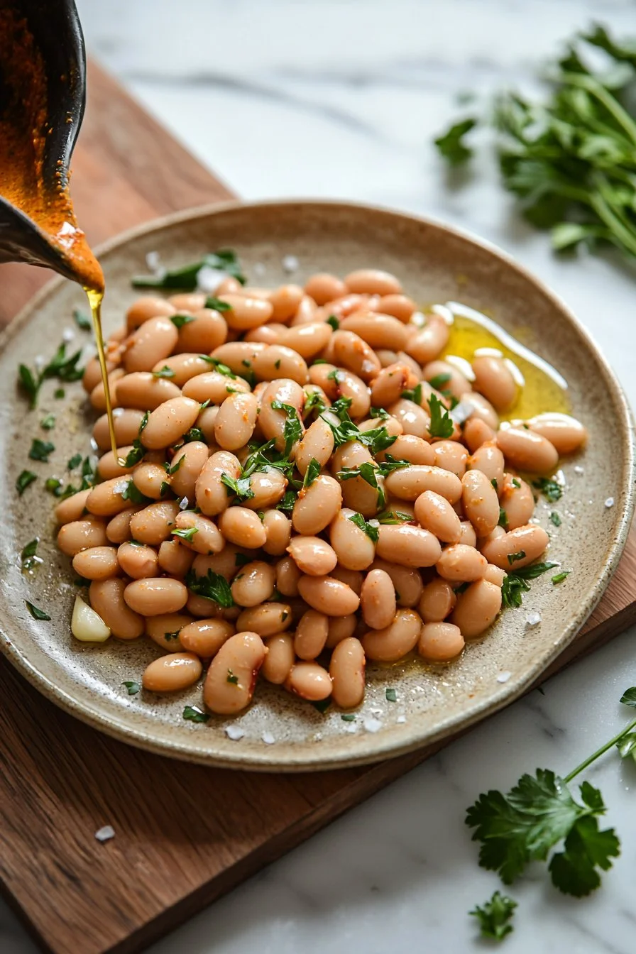 Bowl of Harissa Butter Beans served with herbs and spices, highlighting vibrant flavors