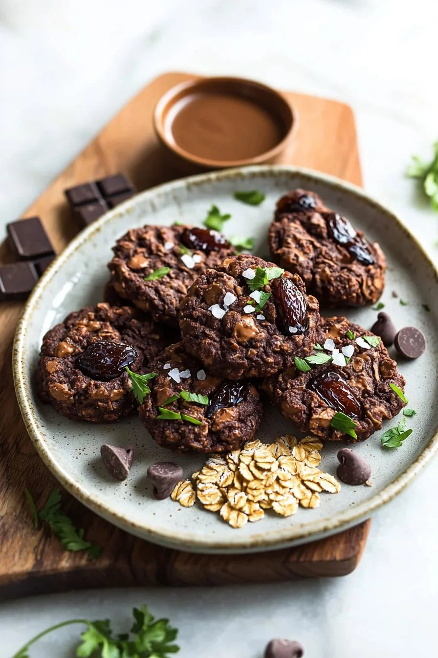 Healthy chocolate peanut butter date cookies on a plate