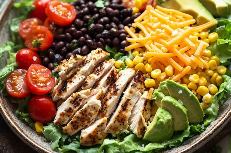 High protein chicken taco salad with fresh ingredients and vibrant toppings