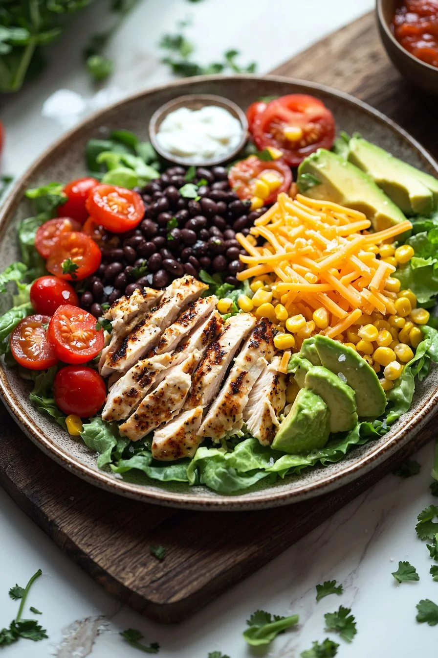 High protein chicken taco salad with fresh ingredients and vibrant toppings