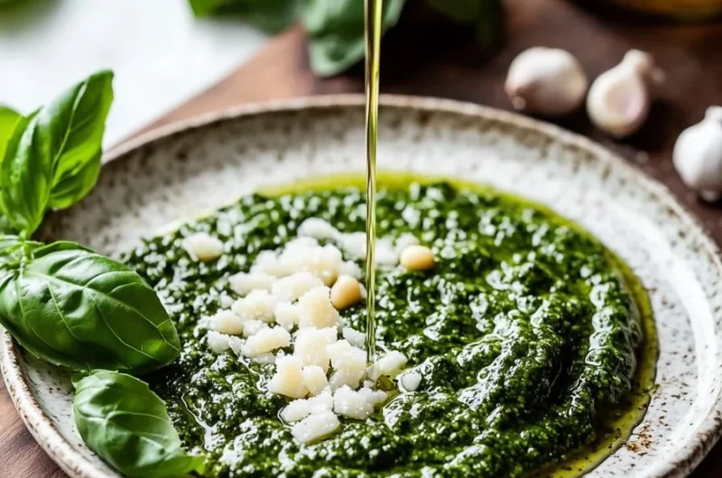 Bowl of homemade pesto sauce made with fresh basil, pine nuts, and olive oil