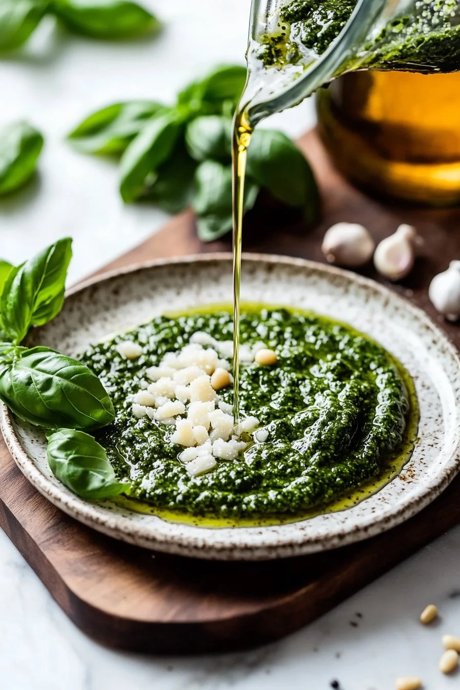 Bowl of homemade pesto sauce made with fresh basil, pine nuts, and olive oil