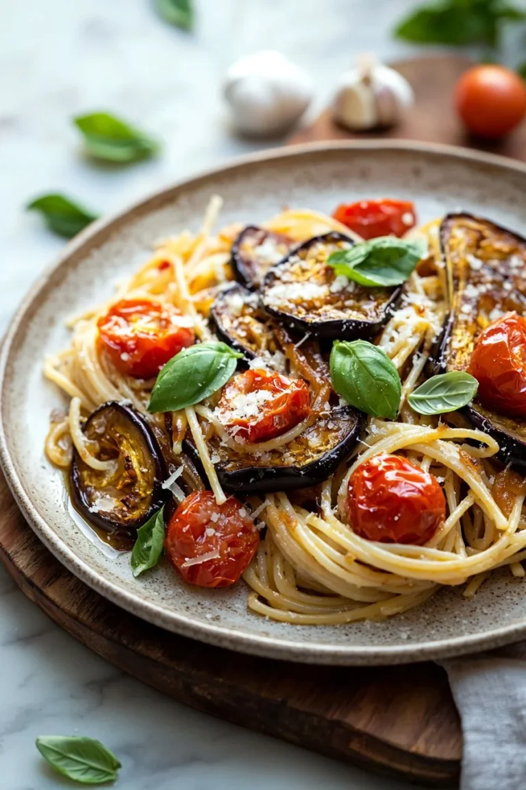 Oven roasted eggplant, caramelized onion, and tomato pasta dish in a bowl.