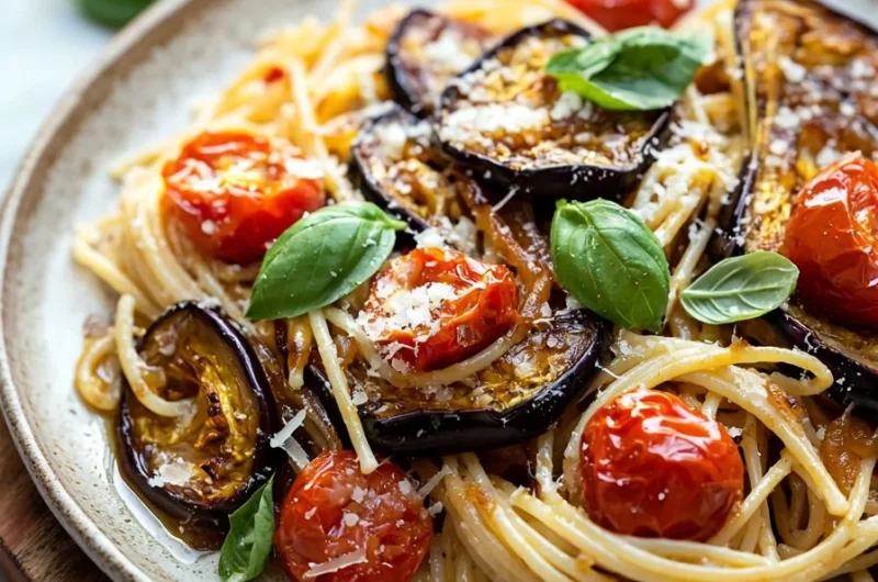 Oven roasted eggplant, caramelized onion, and tomato pasta dish in a bowl.