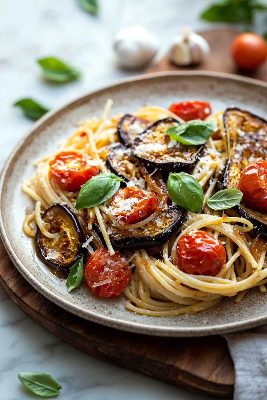Oven roasted eggplant, caramelized onion, and tomato pasta dish in a bowl.