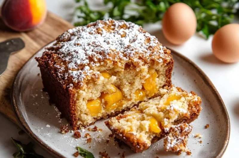 Delicious Peach Cobbler Pound Cake with fresh peaches and a golden crust