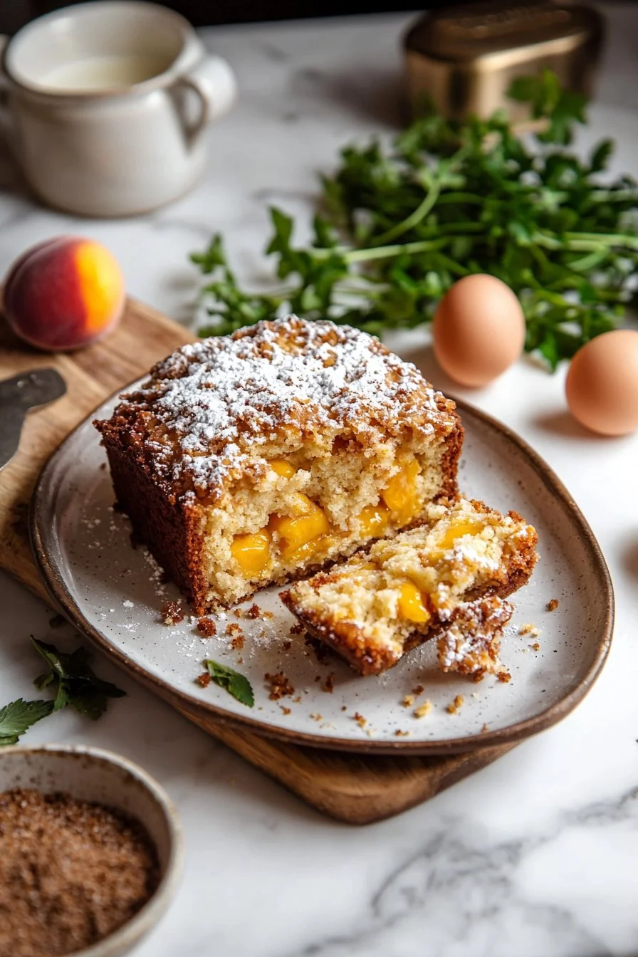Delicious Peach Cobbler Pound Cake with fresh peaches and a golden crust