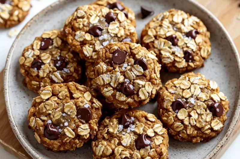 Soft and chewy pumpkin chocolate chip oatmeal cookies on a plate