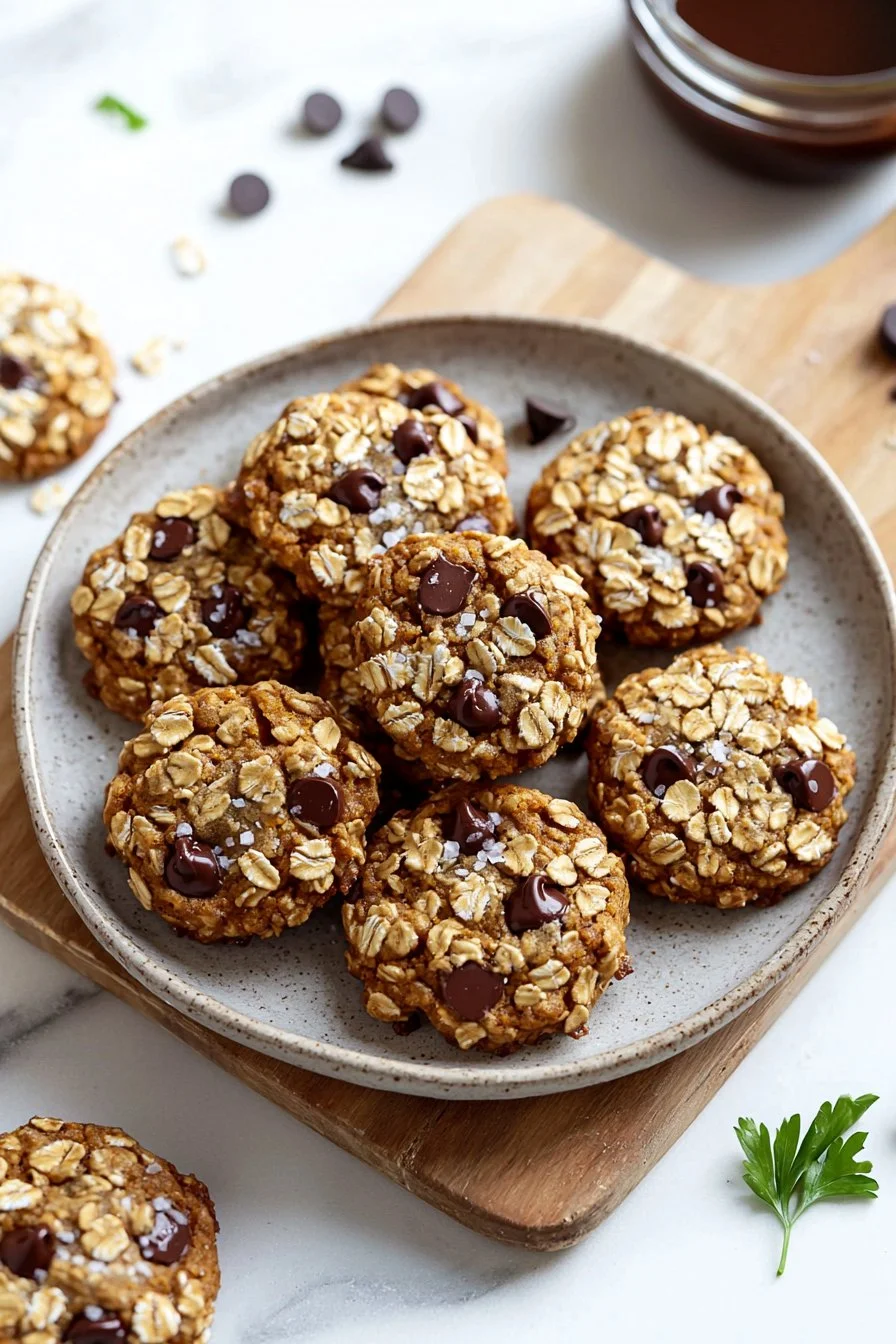 Soft and chewy pumpkin chocolate chip oatmeal cookies on a plate