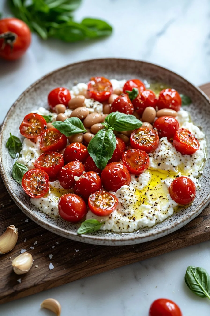 Ricotta Cherry Tomatoes and Butter Beans dish served on a plate