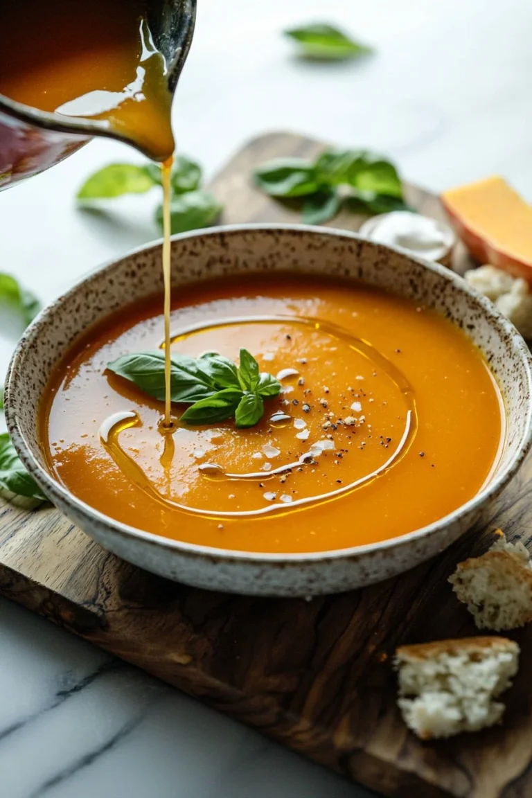 Bowl of roasted red pepper and butternut squash soup garnished with herbs