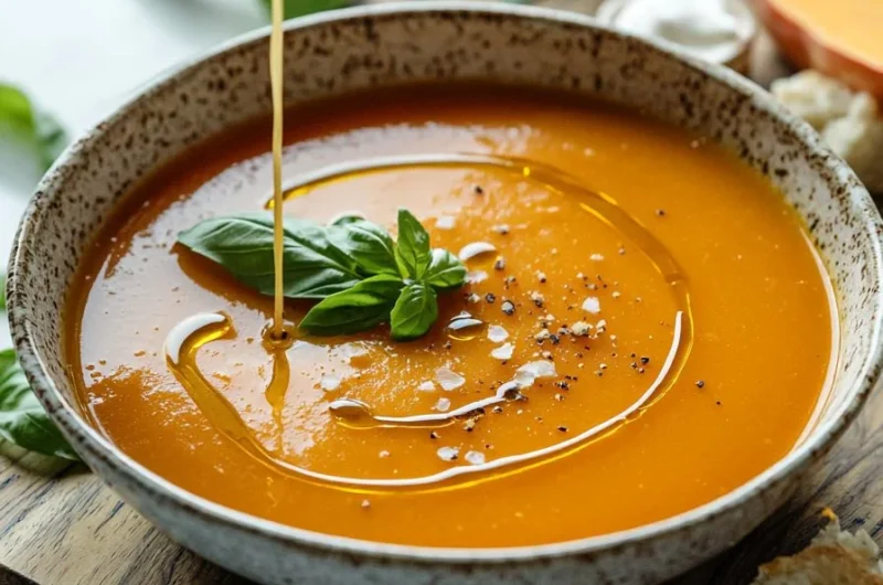 Bowl of roasted red pepper and butternut squash soup garnished with herbs