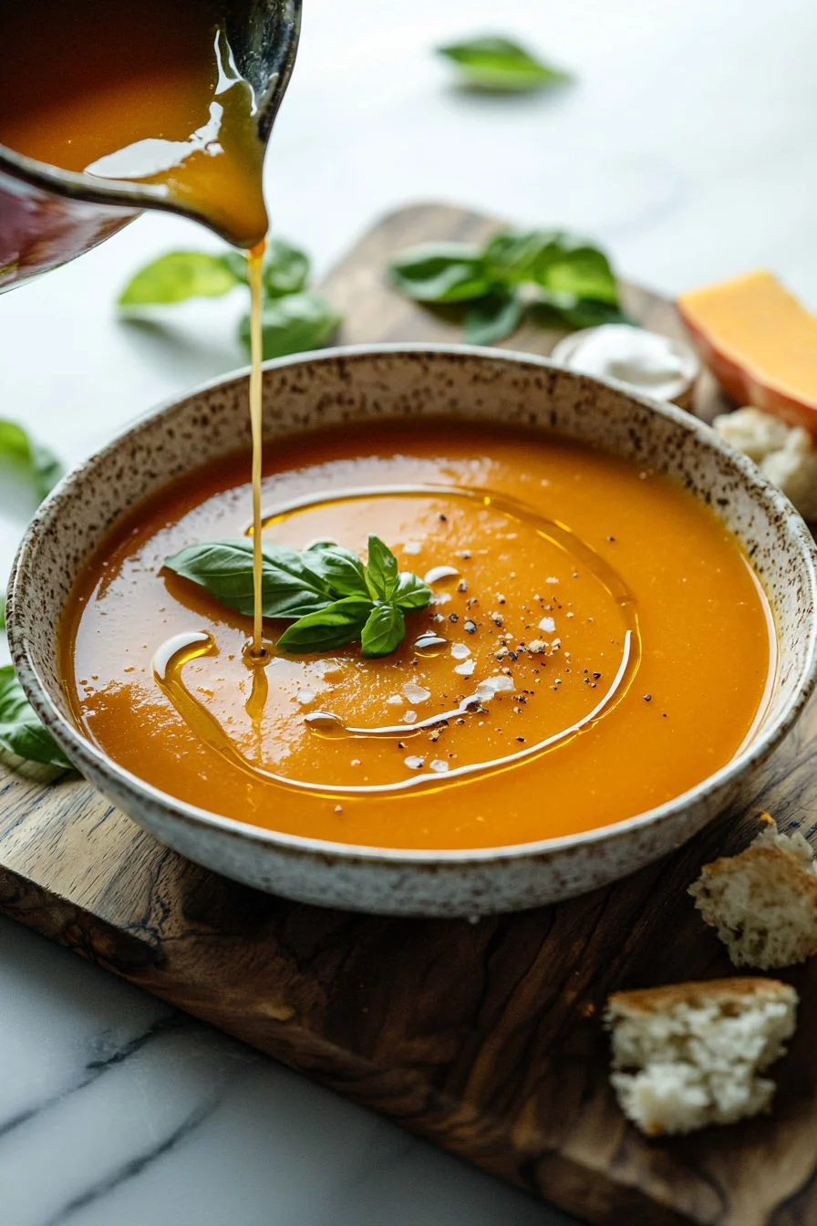 Bowl of roasted red pepper and butternut squash soup garnished with herbs