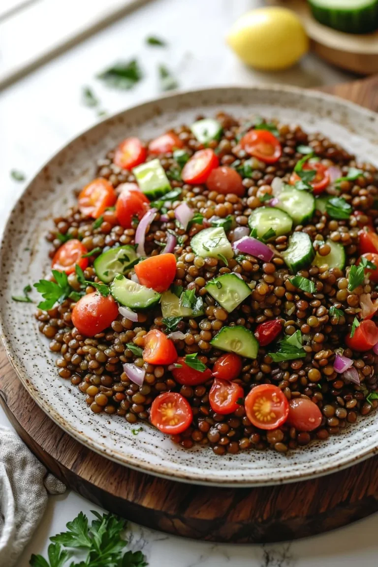 A vibrant bowl of simple lentil salad with fresh vegetables and dressing