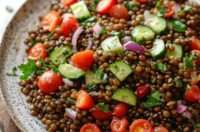 A vibrant bowl of simple lentil salad with fresh vegetables and dressing