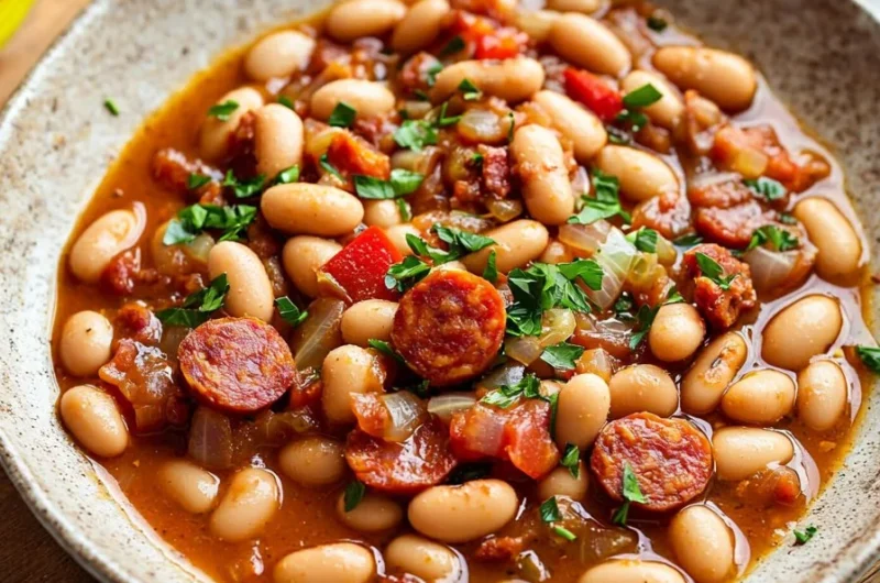 Delicious Smoky Butter Bean & Chorizo Stew in a rustic bowl